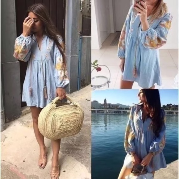 Zara Women Gingham Embroidered Mini Dress Long Sleeve Tassels Lantern Sleeve - Picture 14 of 15